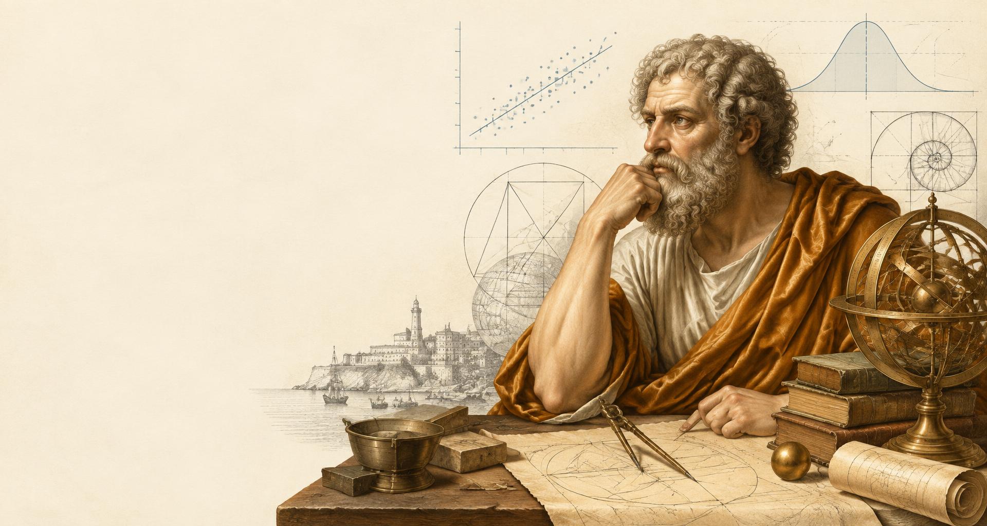 Archimedes at his desk with scientific instruments and statistical diagrams